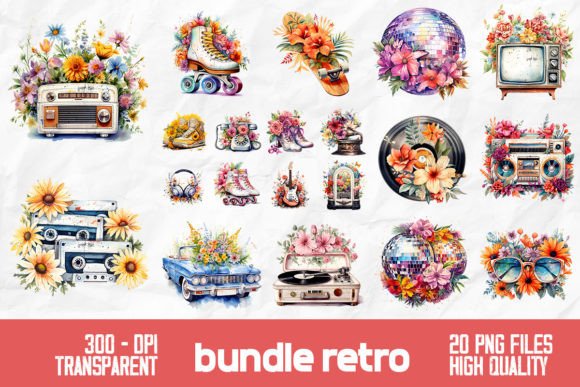 Download Retro Watercolor Flowers Bundle Design - Bundle Collection