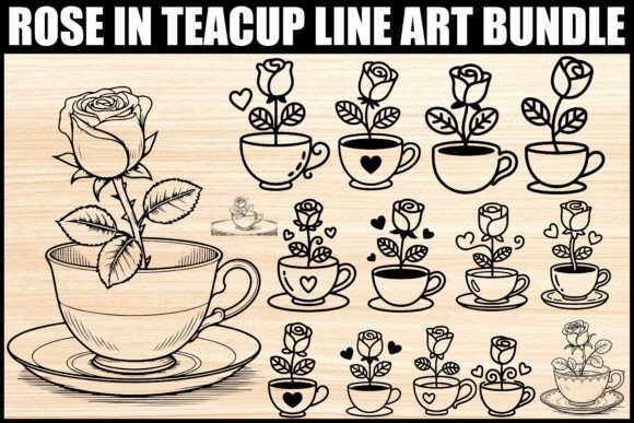 Download Rose in Teacup Line Art Bundle - Bundle Collection
