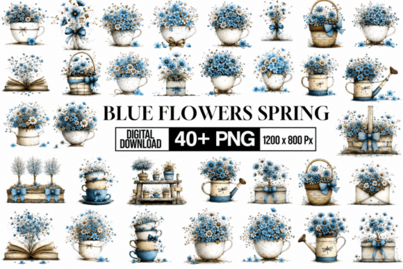 Download Whimsical Blue Floral Clipart Bundle - Bundle Collection