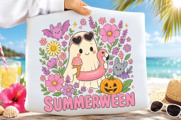 Download Cute Pink Floral Ghost Summerween PNG - Summer Collection
