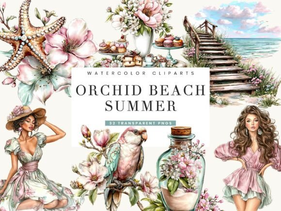 Download Watercolor Orchid Beach Summer Clipart - Summer Collection