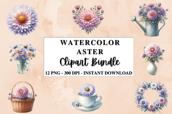 Download Watercolor Aster Flower Clipart Bundle - Bundle Collection