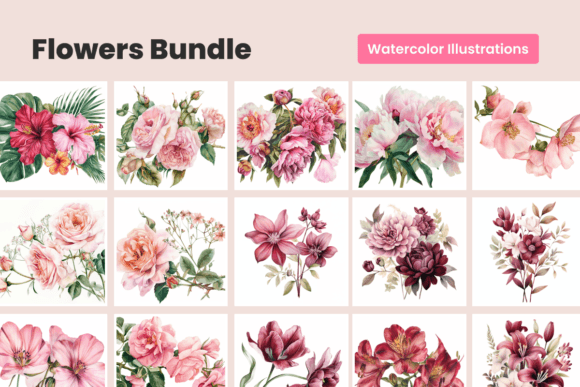 Download Watercolor Flowers Bundle | 30 Drawings - Bundle Collection