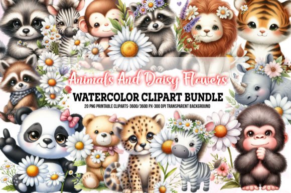 Download Cute Animals &amp; Daisy Flowers Sublimation - Premium Bundle