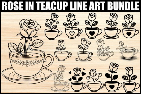 Download Rose in Teacup Line Art Bundle - Bundle Collection